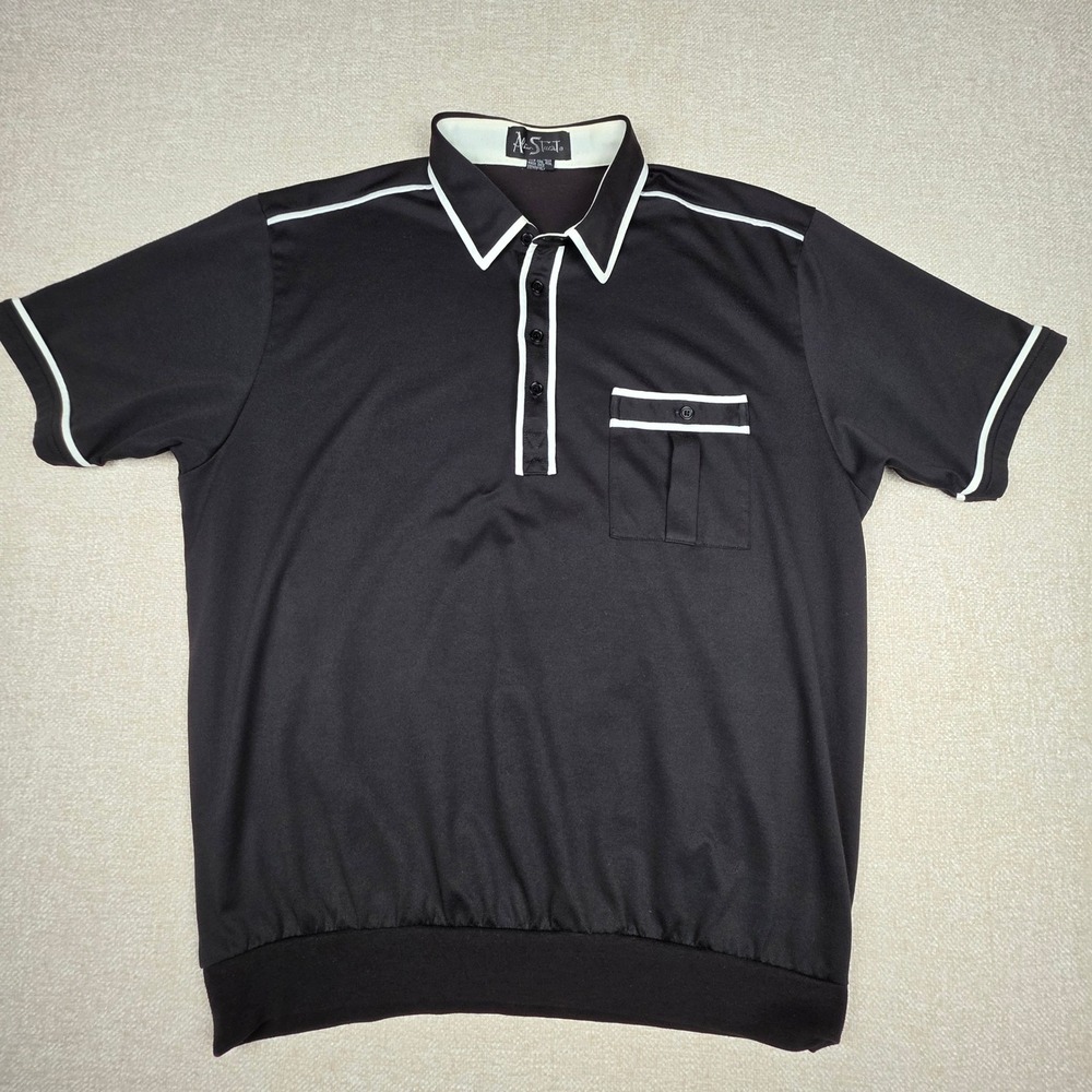 VTG Alan Stuart Mens Black White Polo Shirt XL Short Sleeve Banded Hem Retro